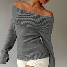Off-Shoulder Jumpers Shein Casual Solid Color Foldover Off Shoulder Pullover Sweater - Autumn