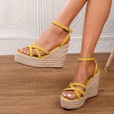 Women - Yellow Espadrilles Shein Minimalist Solid Color Ankle Strap Espadrille Shoes - Yellow