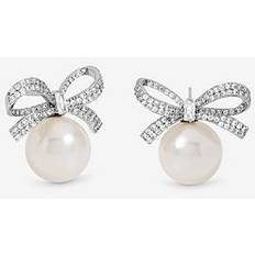 Rhodium Plated Crystal Bow Pearl Earrings - Silver