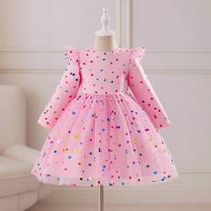 Polka Dots Children's Clothing Shein Girls Pink Polka Dot Dress With Ruffle Shoulder Sleeves - Performance
