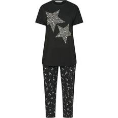Yours Curve Black Star Print Wide Leg Pyjama Set - Black