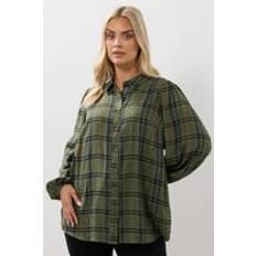Checkered - Women Tops Yours Curve Khaki Green Check Balloon Sleeve Blouse - Dark Green
