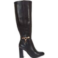 Block High Heel Wide Calf Knee High Booties - Black