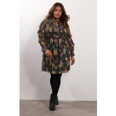 Breathable - Women Dresses Yours Curve Floral Metallic Tie Neck Dress - Black