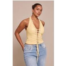 Gula Korsetter PrettyLittleThing Faux Leather Halter Neck Lace Up Corset - Butter Yellow