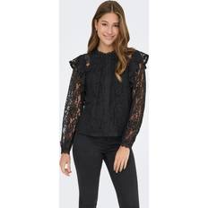 Nylon Bluser Only New Karo LS Lace Ruffle Top WVN Bluse - Black