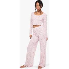 Florals - Women Sleepwear boohoo Floral Print Soft Rib Long Sleeve Top Trousers Pyjama Set - White