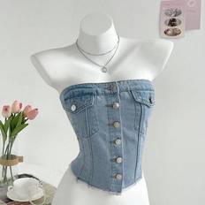 Denim Tank Tops Shein Solid Color Front Button Fitted Denim Tank Top - Summer