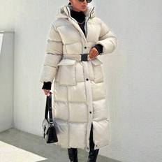 Women long puffer coat Shein Hooded Buckle Belt Quilted Long Puffer Down Coat With Gloves