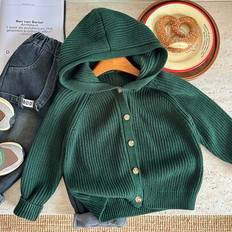 Green Cardigans Children's Clothing Shein Solid Color Hooded Raglan Sleeve Casual Knit - Halloween