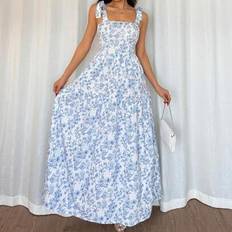 Shein French Elegant Pleated Flounce Floral Dress - Light Blue Gown Blue White