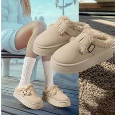 Buckle - Women Slippers Shein New Slip-On Fluffy Slippers Winter Outdoor Wear - Black
