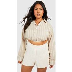 Boohoo Linen Shirts boohoo Plus Stripe Linen Look Gathered Hem Crop Shirt - Beige