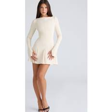 Boat Neck Dresses House of CB Francesca Vintage Cream Long Sleeve Mini Dress - White
