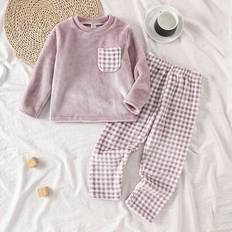 Checkered Night Garments Shein Girls Plush Plaid Long Sleeve Top And Pants - Casual