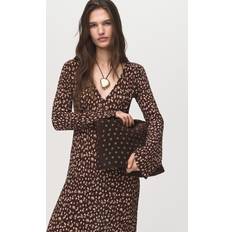 Mango Printed V-Neck Long Sleeve Plisse Midi Dress - Brown