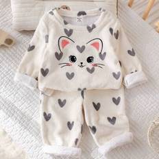 Long Sleeves Pyjamases Children's Clothing Shein Baby Girl Heart Cat Pattern Soft Fleece Crew Neck - Autumn Winter
