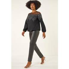 Sequins Blouses Roman Sequin Floral Sheer Top - Black