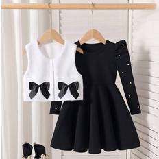 Polka Dots Children's Clothing Shein Young Girl' Black Dress Paired With A Fluffy White Vest Two - Black