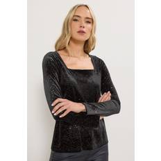 Dam - Sammet Blusar LTS Velvet Glitter Square Neck Top - Black