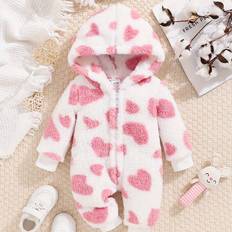 Dragkedja Bodys Barnkläder Temu Baby's Soft Comfy Heart Pattern Hooded Bodysuit - Zip Up