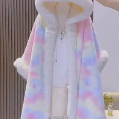Multicoloured - Women Capes & Ponchos Temu Chic Oversized Midi Cape Cardigan Polyester Fur Collared Shawl - Gradient