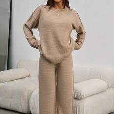 Beige - Women Suits Shein Women Round Neck Rib Knitted Sweater Set - Beige
