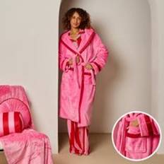 One Size Sleepwear OHS Piped Edge Dressing Gown Flannel Fleece Bathrobe - Pink/Red
