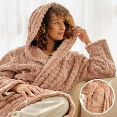 Natural Sleepwear OHS Cable Knit Dressing Gown Fleece Loungewear Hooded Bathrobe - Natural