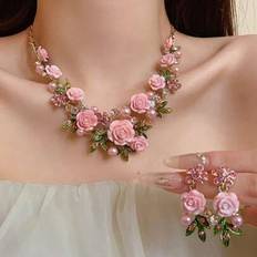 Pink Jewellery Sets Shein Elegant Pink Purple Acrylic Flower Leaf Necklace Set