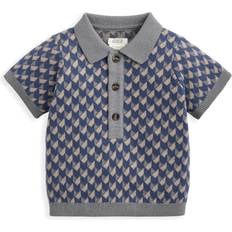 Jacquard Knit Polo Shirt Button Placket Blue