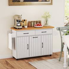 Mobile Kitchen Cart Island With Trash Bag - White