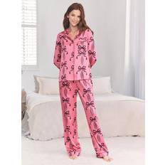 Satin Underkläder Chelsea Peers Rosettmönstrat Pyjamasset Satin Långa Ärmar Platt Krage - Rosa