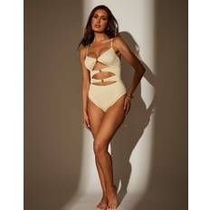 Women Swimsuits South Beach Cream Pleated Textured Cut Out Swimsuit - Cream White