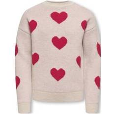 Beige - Piger Striktrøjer Only Birch Salsa Hearts Flower Pullover Knt - Pink/Rød