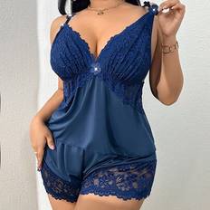 Shein Plus Size Lace Patchwork Elastic Knit Sexy Backless Camisole Shorts - Navy