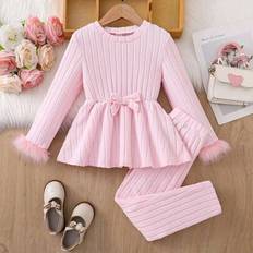 Girls - Red Other Sets Shein Girls Young Girl Elegant High Collar Ribbed Knit Pants Set - Red