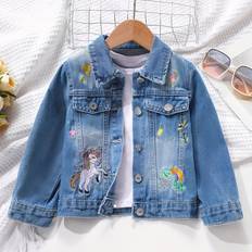 Buttons Jackets Temu Girls Embroidered Denim Jacket Unicorn Rainbow - Light Blue