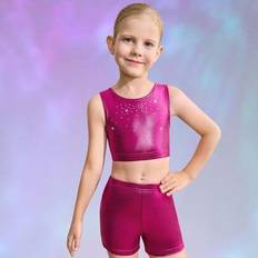 Girls - Red Other Sets Shein Girls Sports Crop Top And Shorts Set Rhinestone Gymnastics