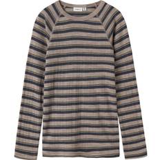Beige - Drenge T-shirts Name It Nkmwang Wool Needle LS Top Stripe - Natblå/Taupe/Grøn