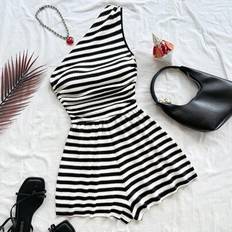 Stripes - Women Jumpsuits & Overalls Shein Holiday Striped Asymmetrical Neck Jumpsuit - Black White