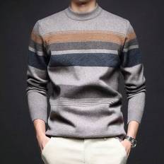 Checkered - Men Jumpers Shein Thick Round Neck Sweater Business Casual Jacquard Knit Long Sleeve Top - Autumn/Winter