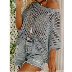 Grey - Women Swimsuit Cover-Ups & Sarong Wraps Shein Summer Short Sleeve Hollow Out Pullover Knit Sweater