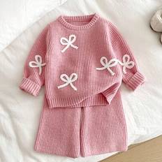 Girls Other Sets Children's Clothing Shein Versatile Cute Bow Decor Girls Pink Knit Set