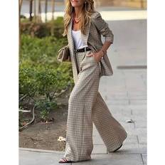 Checkered - Women Suits Shein Plaid Blazer Suit Set Tailored Jacket Wide - Leg Pants