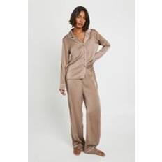 Brown Pyjamas boohoo Tall Satin Piping Detail Long Sleeve Shirt Trousers Pyjama Set - Brown