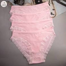 Stripes - Women Knickers Shein Pink Letter Striped Panties Lace Trim Design - Pink