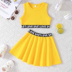 Girls - Yellow Other Sets Shein Toddler Girls Heart Graphic Sleeveless Tank Top A-Line Skirt Set - Summer