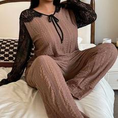 Brown Pyjamas Shein Plus Size Lace Patchwork Long Sleeve Top Pants Set