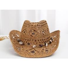One Size Hats Shein Boho 1pc Women Shell Decor Hollow Out Straw Hat